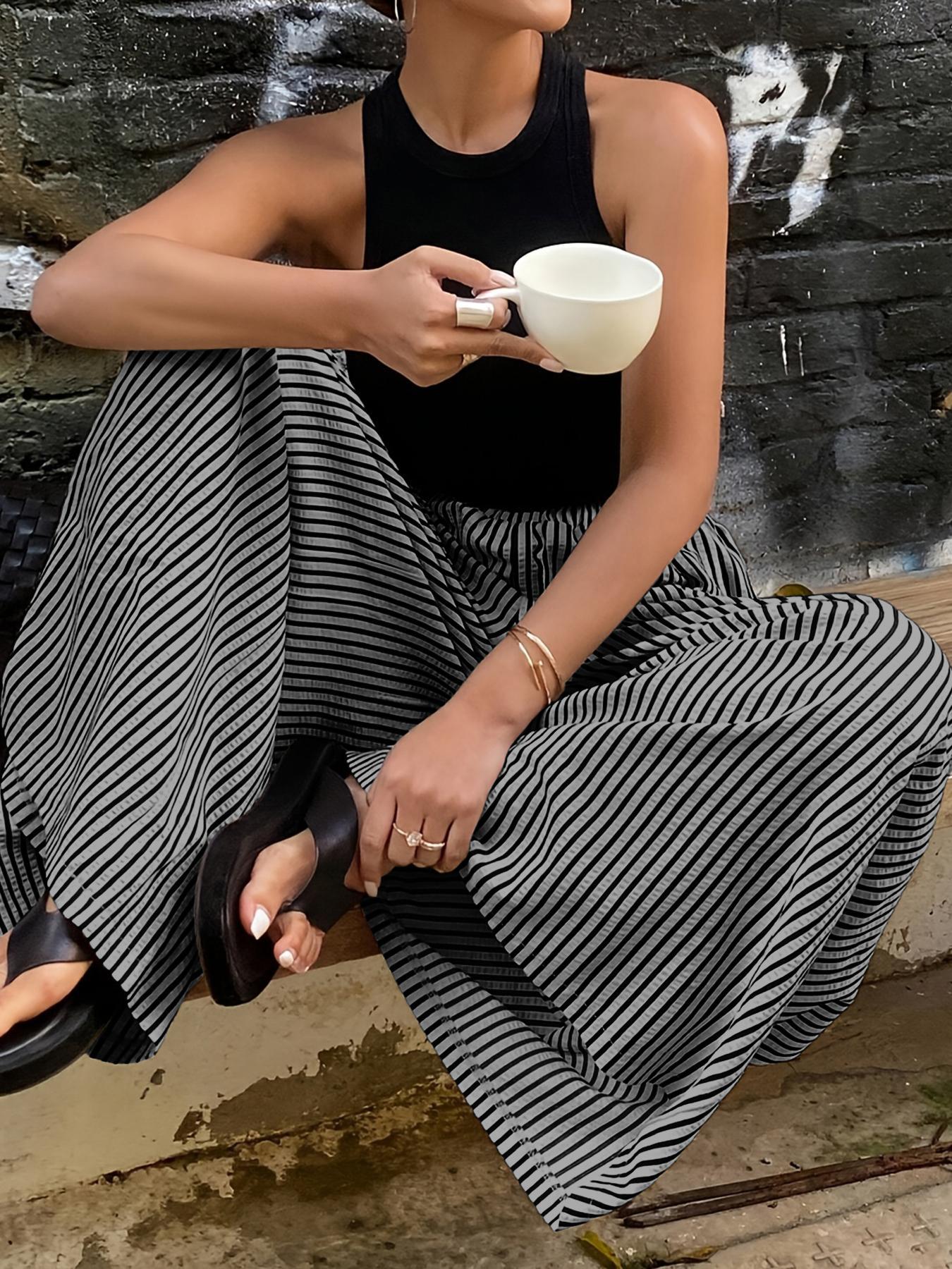 Striped elastic waist straight wide-leg pants