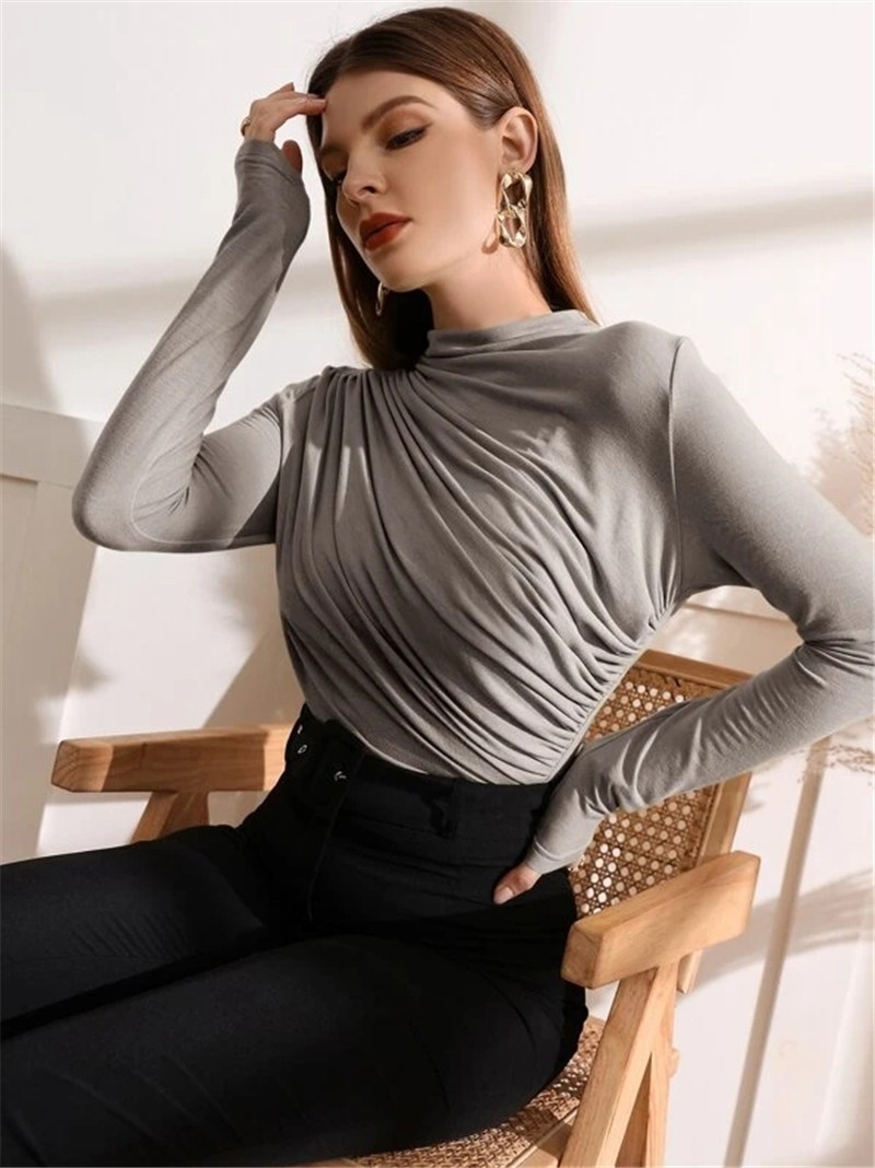 Mock Neck Long Sleeve T-Shirt with Shirred Details