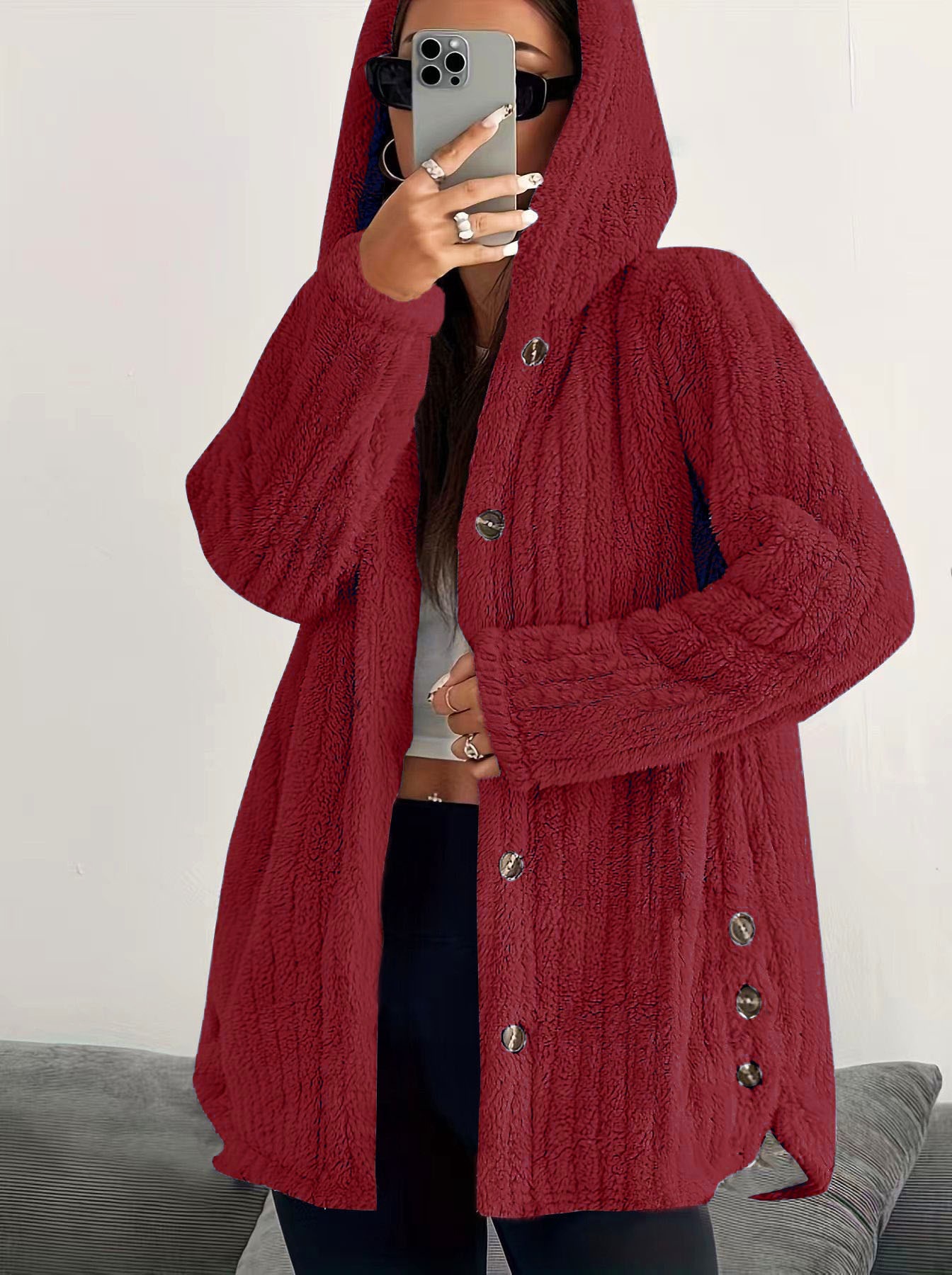 Solid color long-sleeve hooded loose fluffy coat