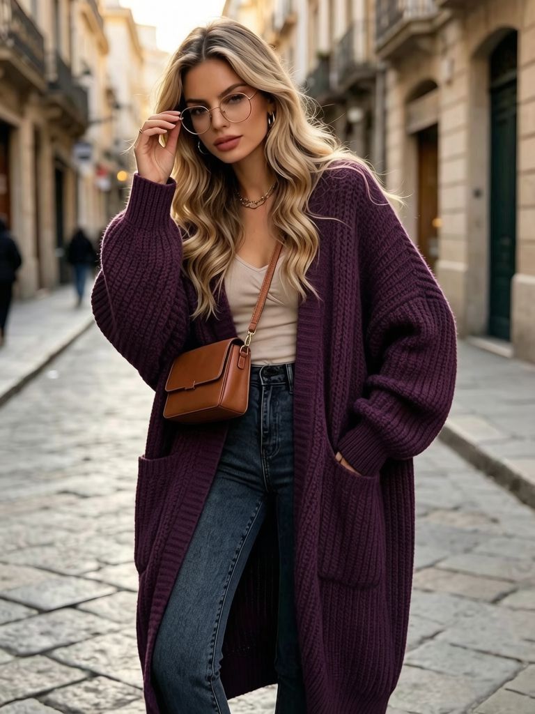 Thick cozy knee-length long-sleeve knit cardigan