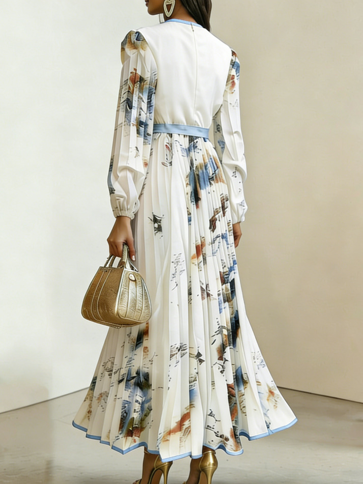 Long-sleeve printed midi dress with deep V-neck for vacation