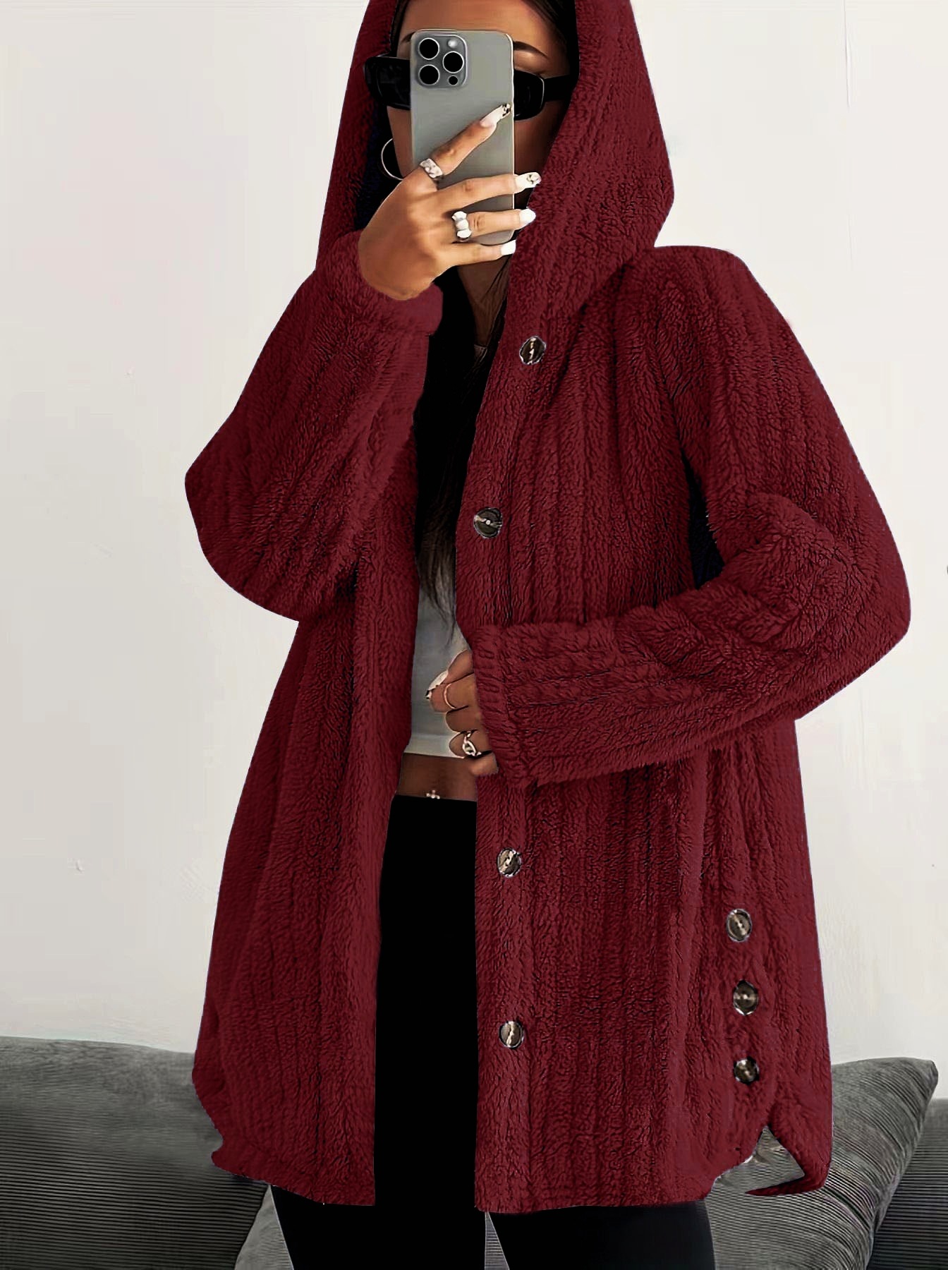 Solid color long-sleeve hooded loose fluffy coat