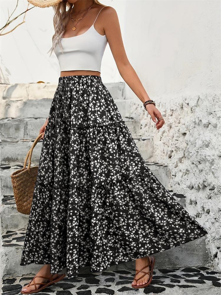 Floral print three-tier maxi skirt