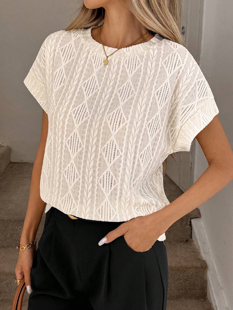 Casual Round Neck Jacquard Short Sleeve T-Shirt