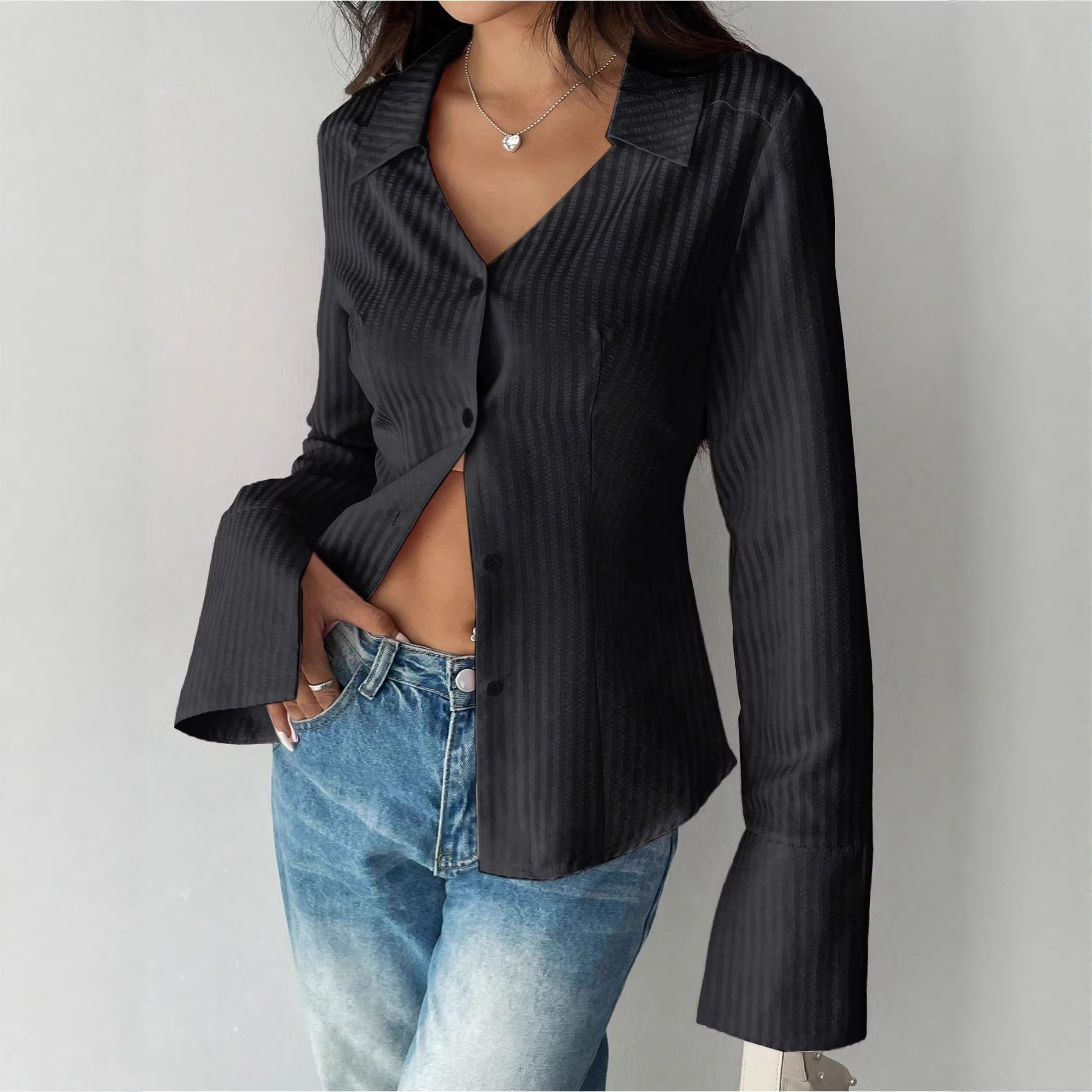 Striped Print Button-Down Elegant Long-Sleeve Shirt