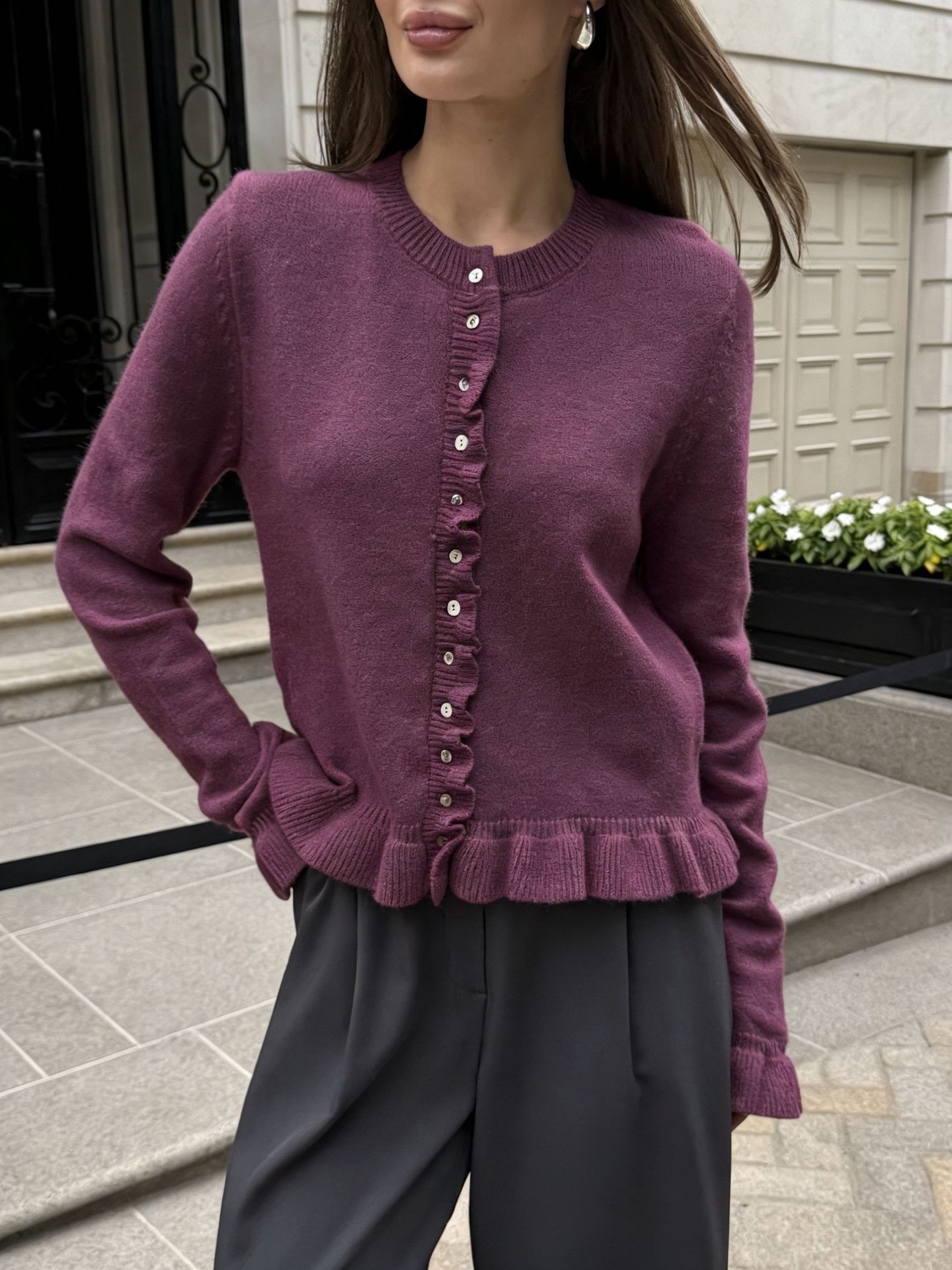 Long Sleeve Ruffled Knit Cardigan with Single-Breasted Buttons, Solid Color Casual Sweater