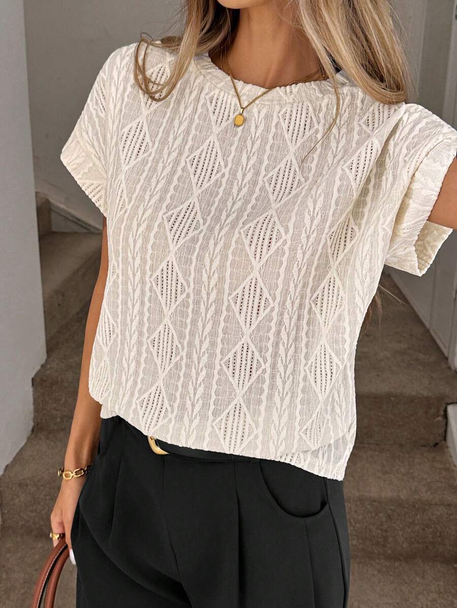 Casual Round Neck Jacquard Short Sleeve T-Shirt