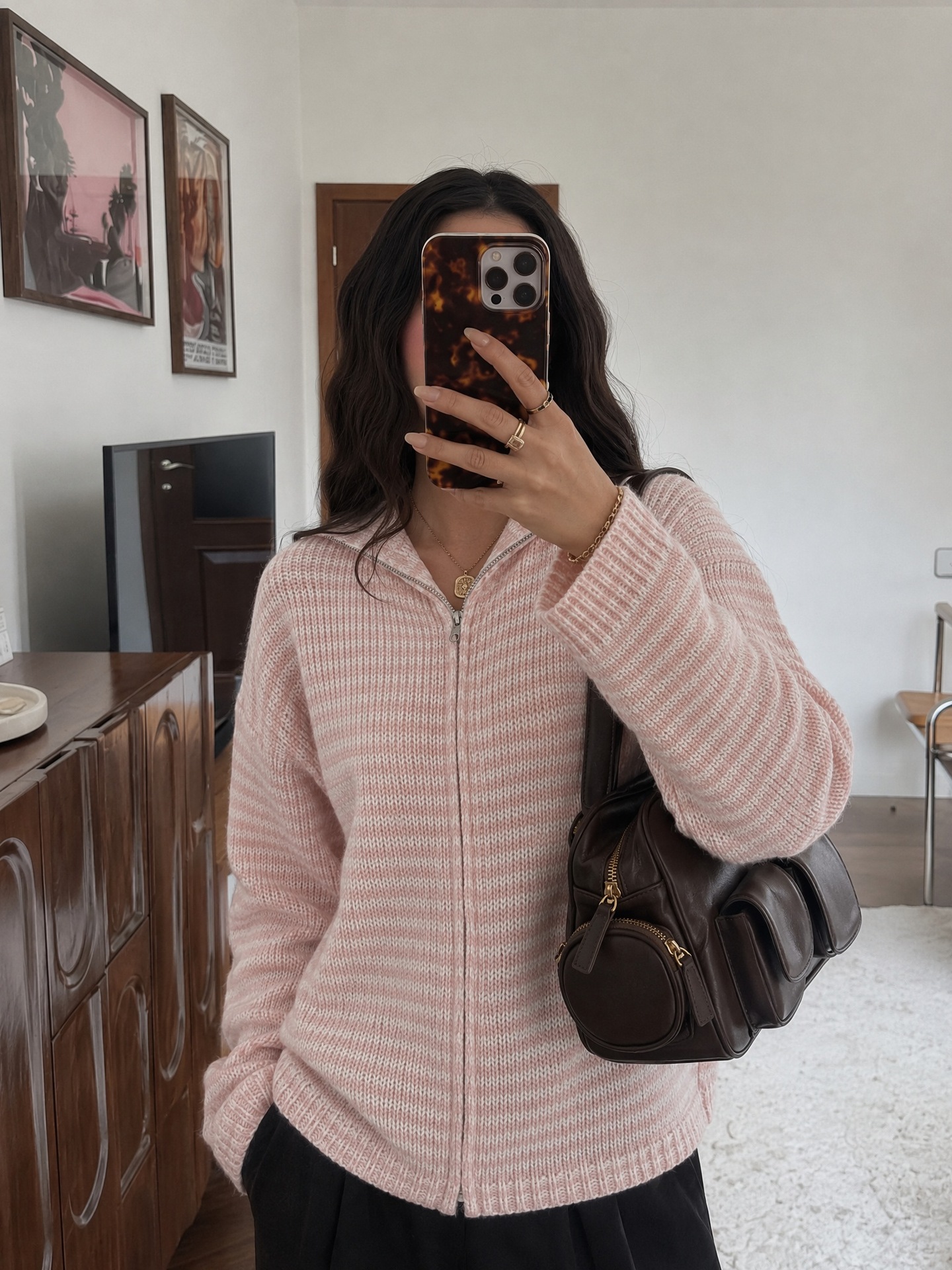 Striped Knit Zip-Up Cardigan for Commute