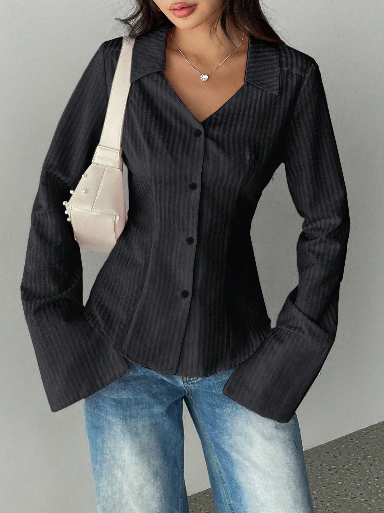 Striped Print Button-Down Elegant Long-Sleeve Shirt