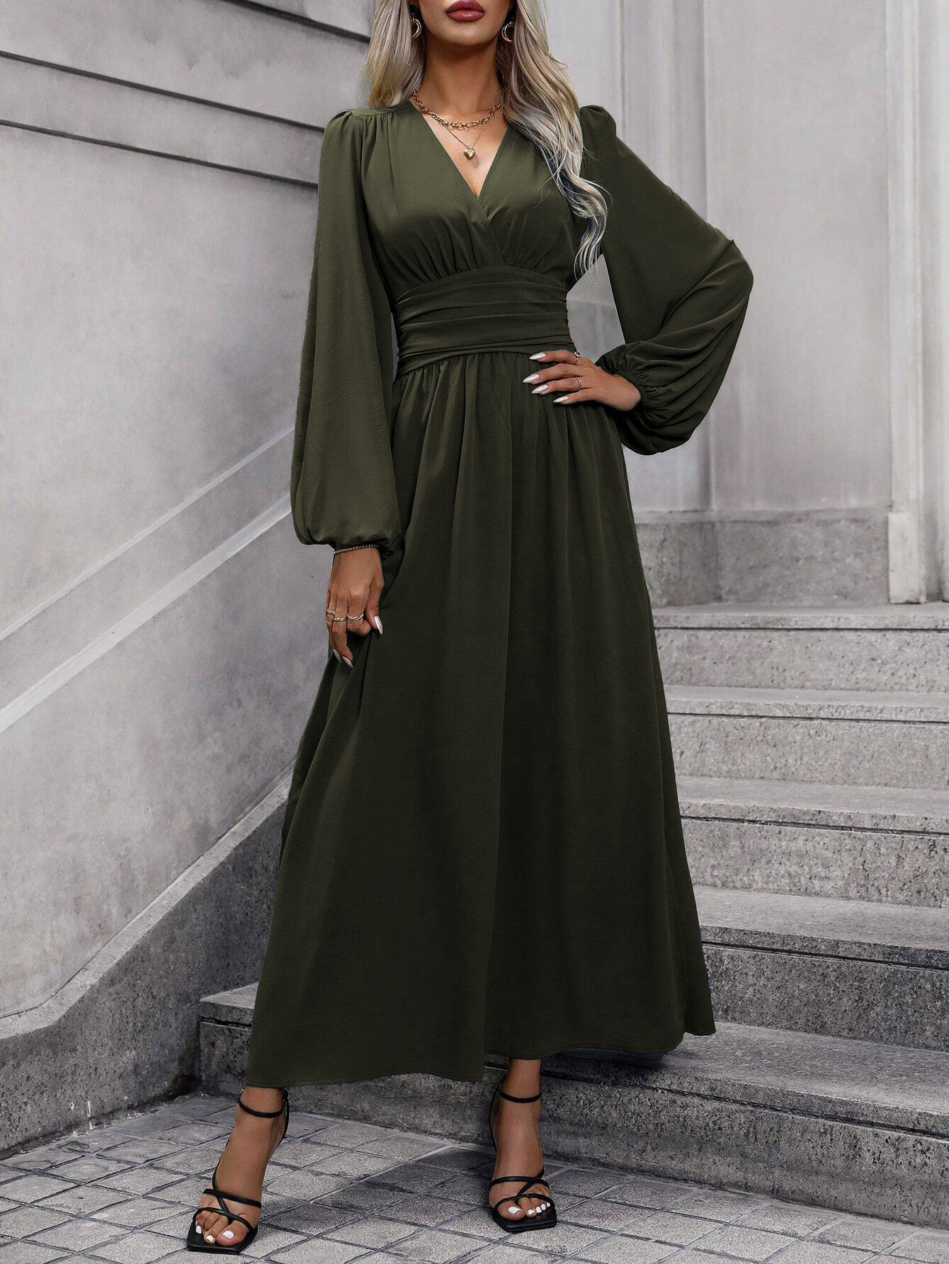 Lantern Sleeve Smocked High Slit Dress