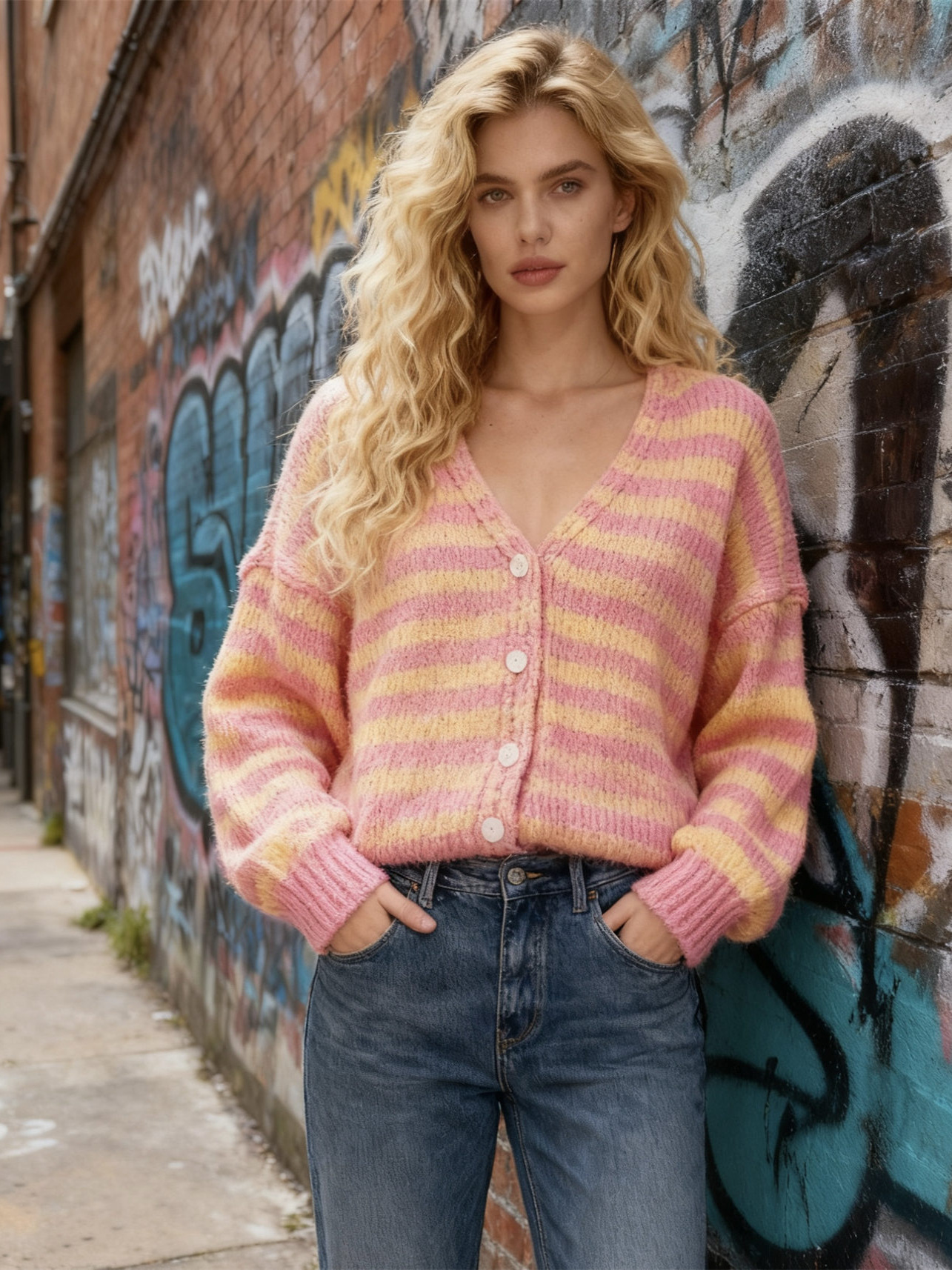 Color-Block Striped V-Neck Knit Cardigan