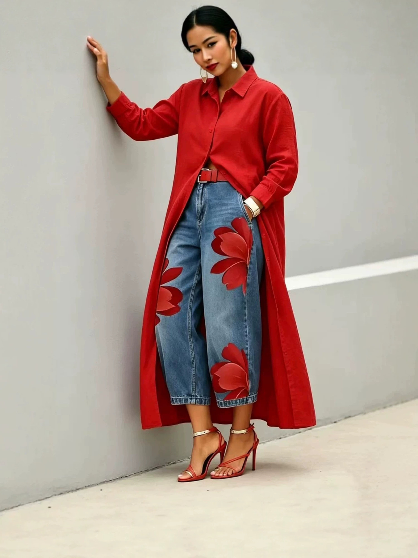 Floral relaxed-fit wide-leg denim pants