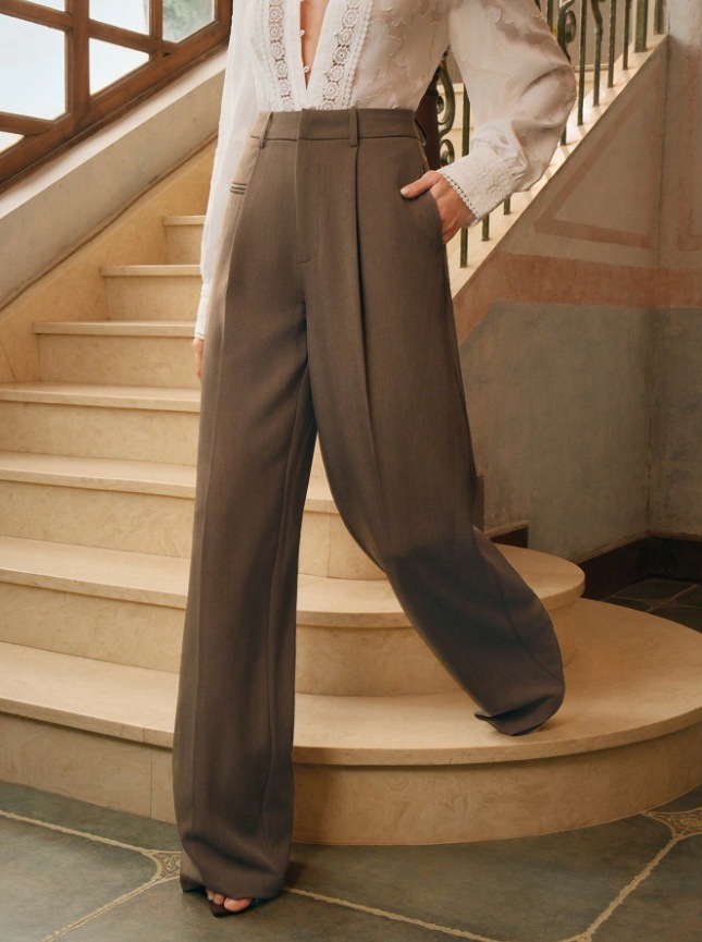 High-waist straight-leg white dress pants with floor-length drape