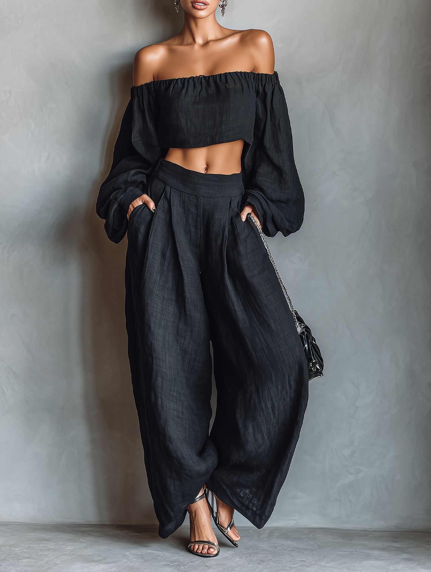 Off-shoulder crop top and wide-leg pants set