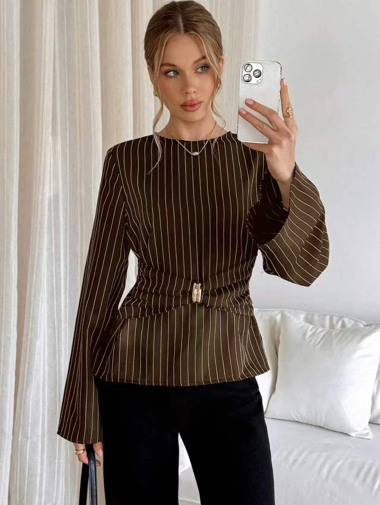 Long-sleeve striped shirt with metal waist