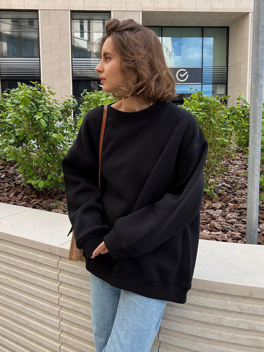 Women's oversized crew neck fleece pullover sweatshirt, solid color, street style, Fall/Winter 2026