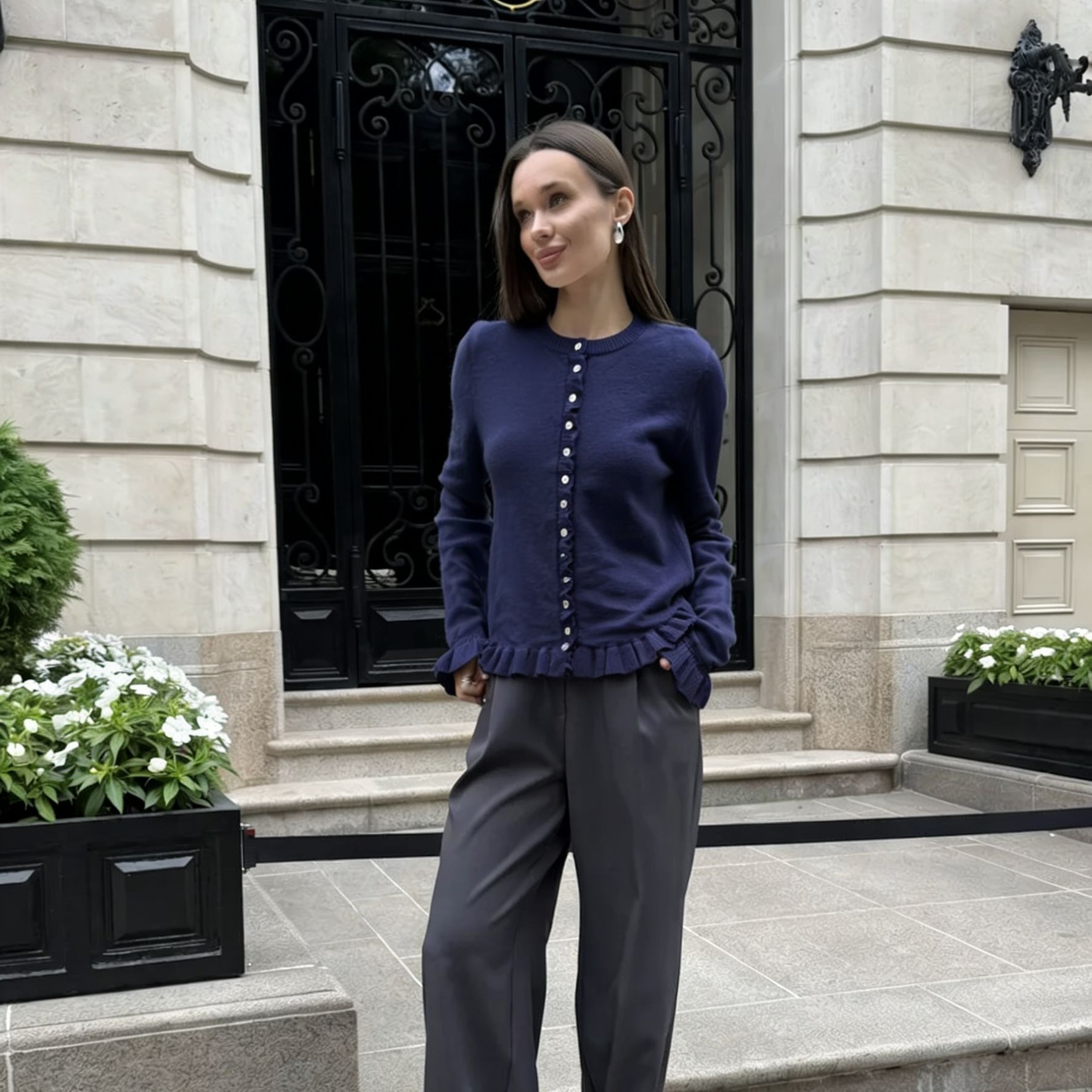 Long Sleeve Ruffled Knit Cardigan with Single-Breasted Buttons, Solid Color Casual Sweater