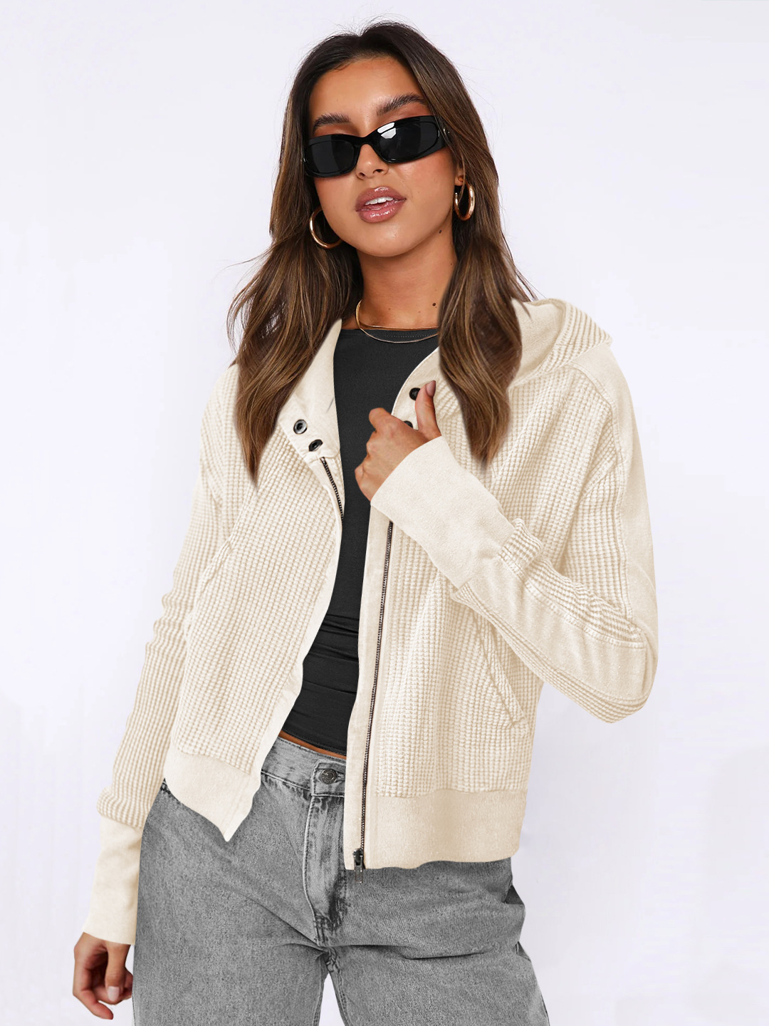 Paneled zip-up cropped hoodie with relaxed fit