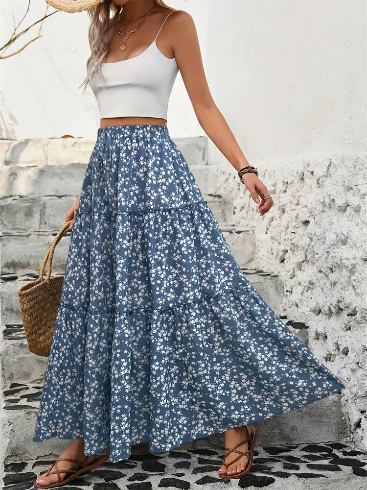 Floral print three-tier maxi skirt