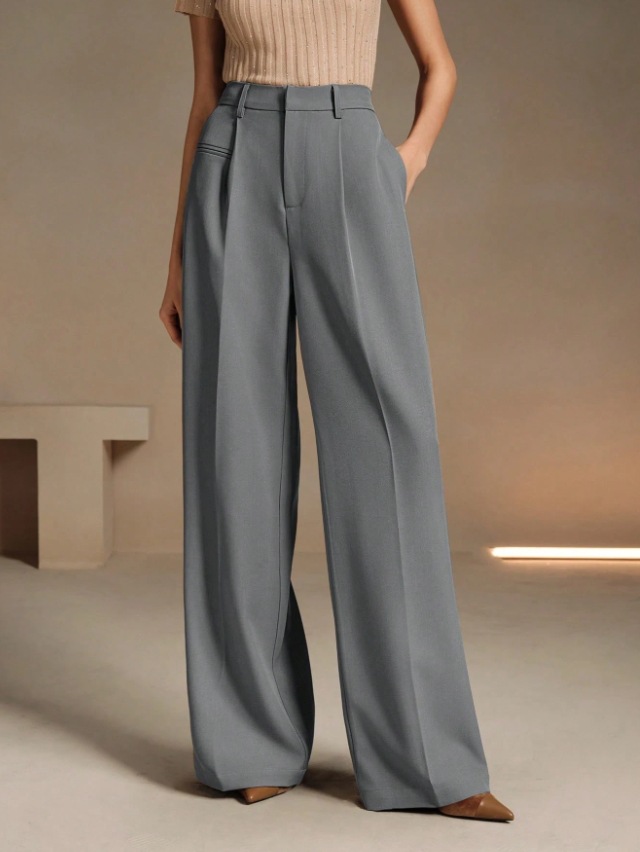 White high-waist straight-leg floor-length drape suit trousers for office commuter
