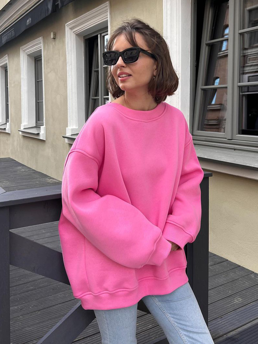 Women's oversized crew neck fleece pullover sweatshirt, solid color, street style, Fall/Winter 2026