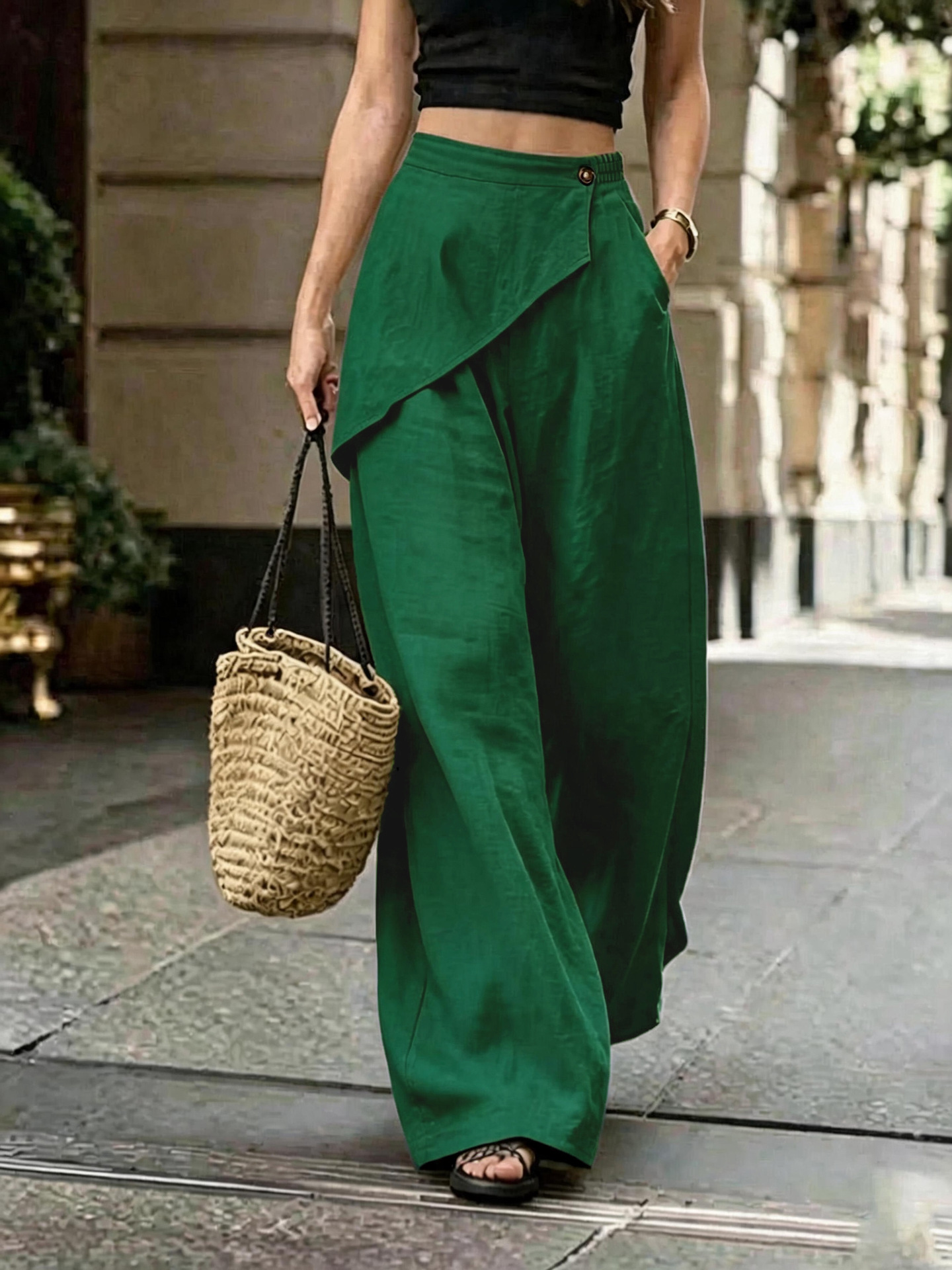 Asymmetric loose-fit solid-color casual wide-leg pants