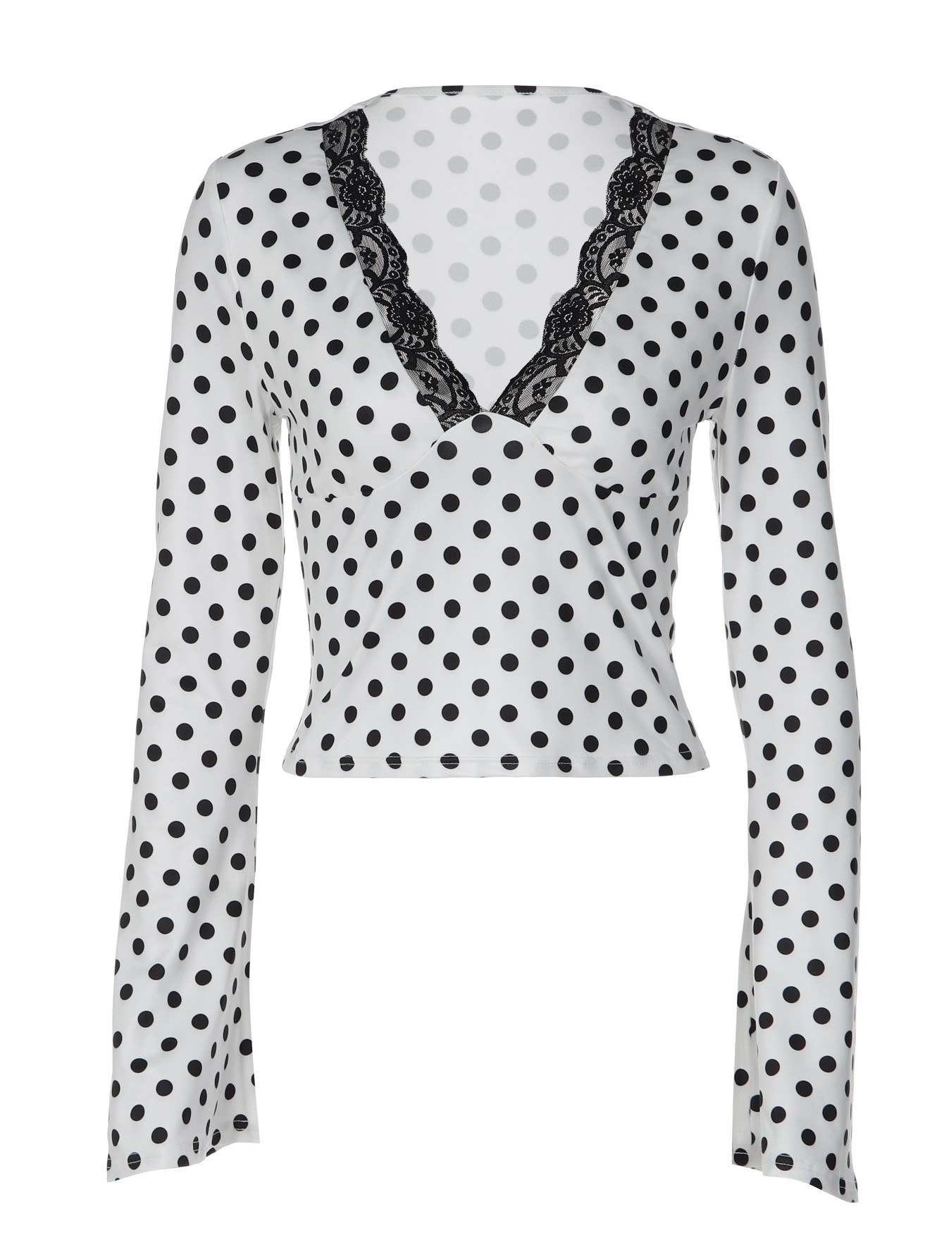 French Polka Dot Print Casual V-Neck Lace Trim Long Sleeve T-Shirt
