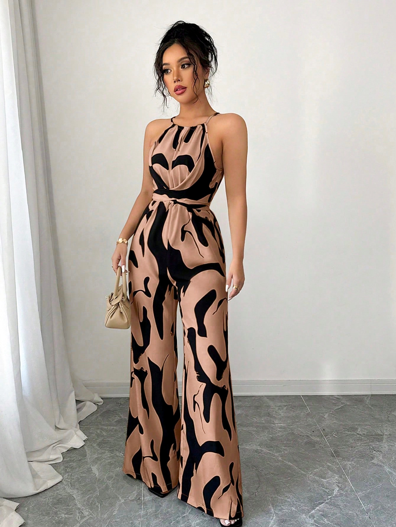 Milk Print Tie-Neck Halter Jumpsuit