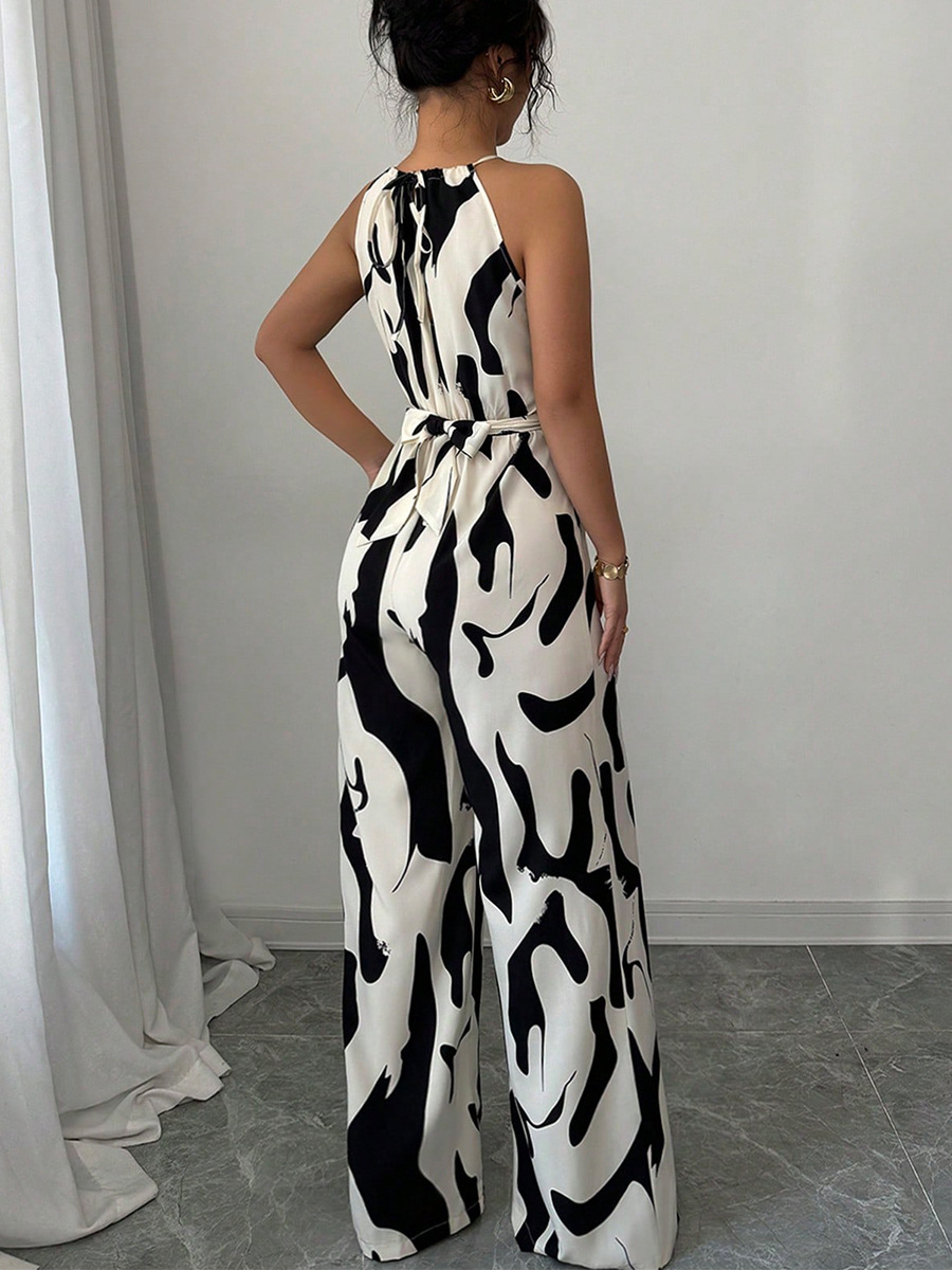 Milk Print Tie-Neck Halter Jumpsuit