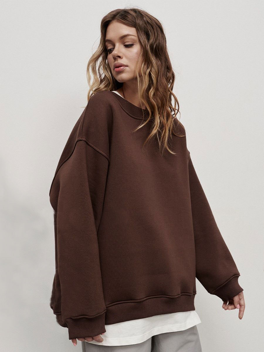 Women's oversized crew neck fleece pullover sweatshirt, solid color, street style, Fall/Winter 2026