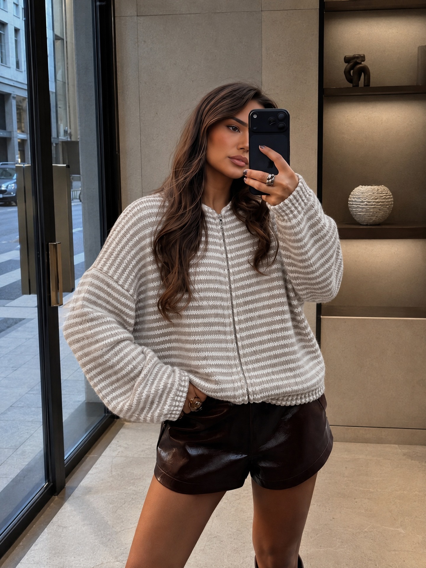 Elegant striped knit zip-up cardigan