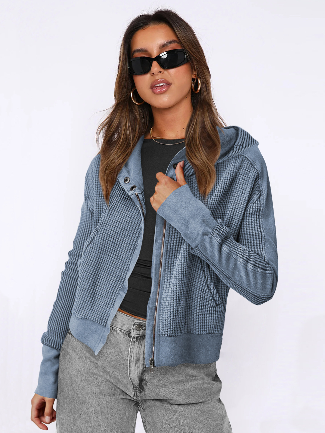 Patchwork Casual Zip-up Cropped Hoodie