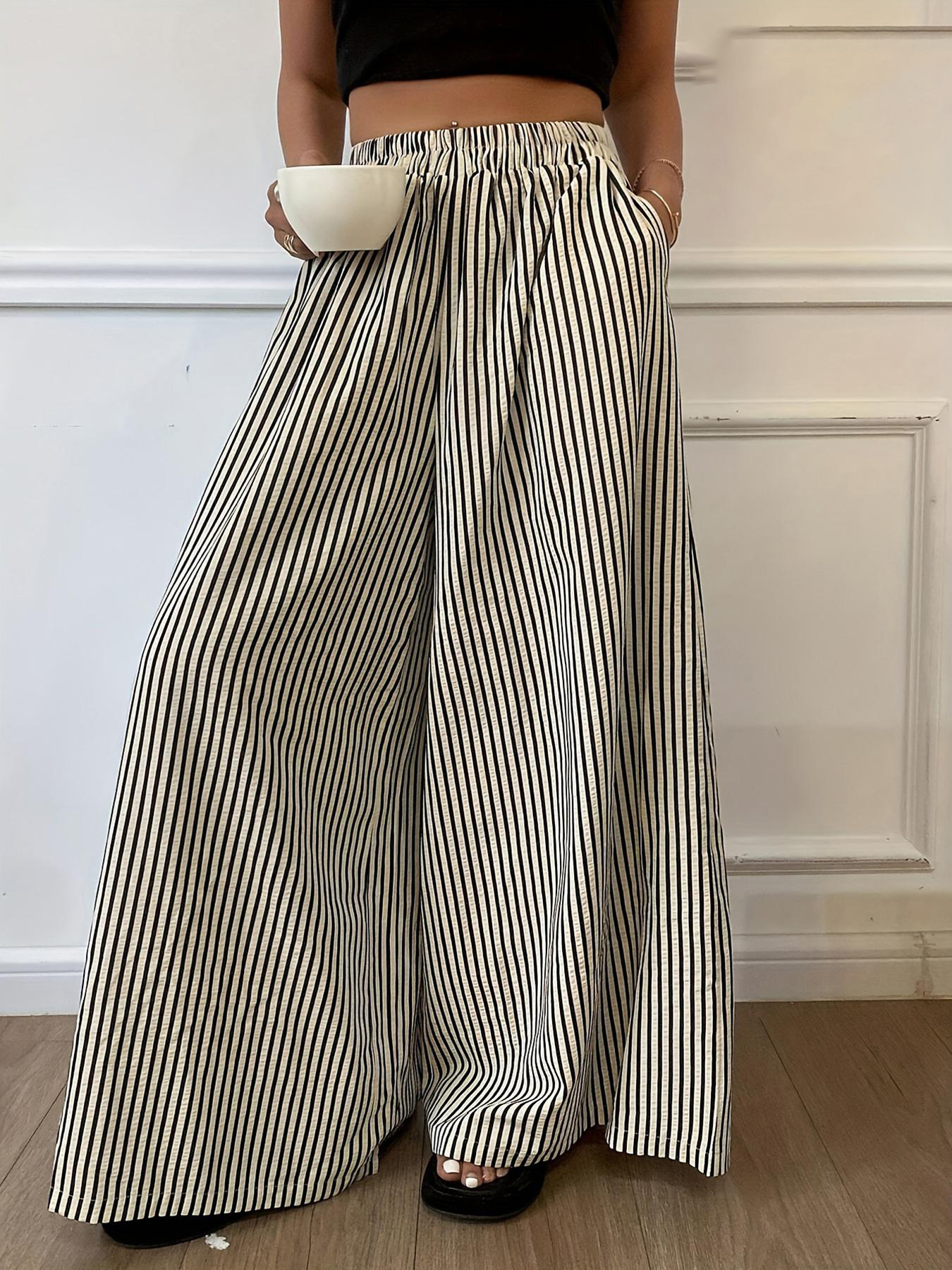 Striped elastic waist straight wide-leg pants
