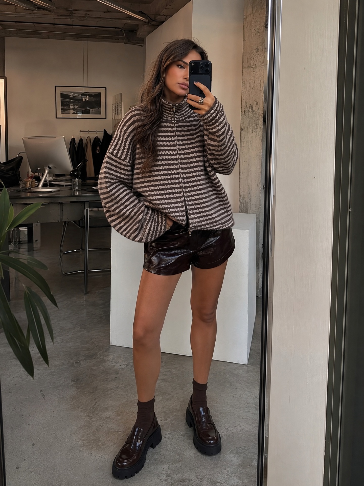 Striped Knit Zip-Up Cardigan for Commute