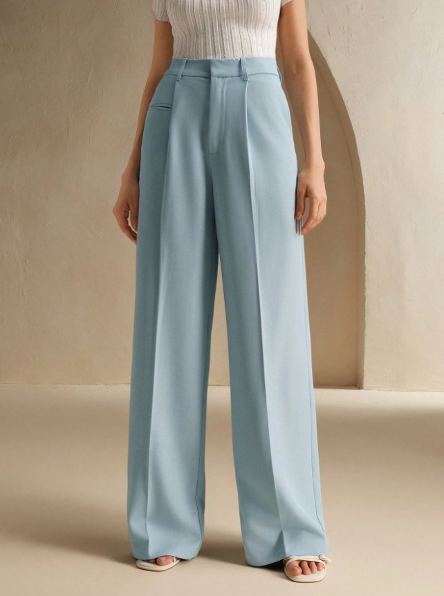 White high-waist straight-leg floor-length drape suit trousers for office commuter