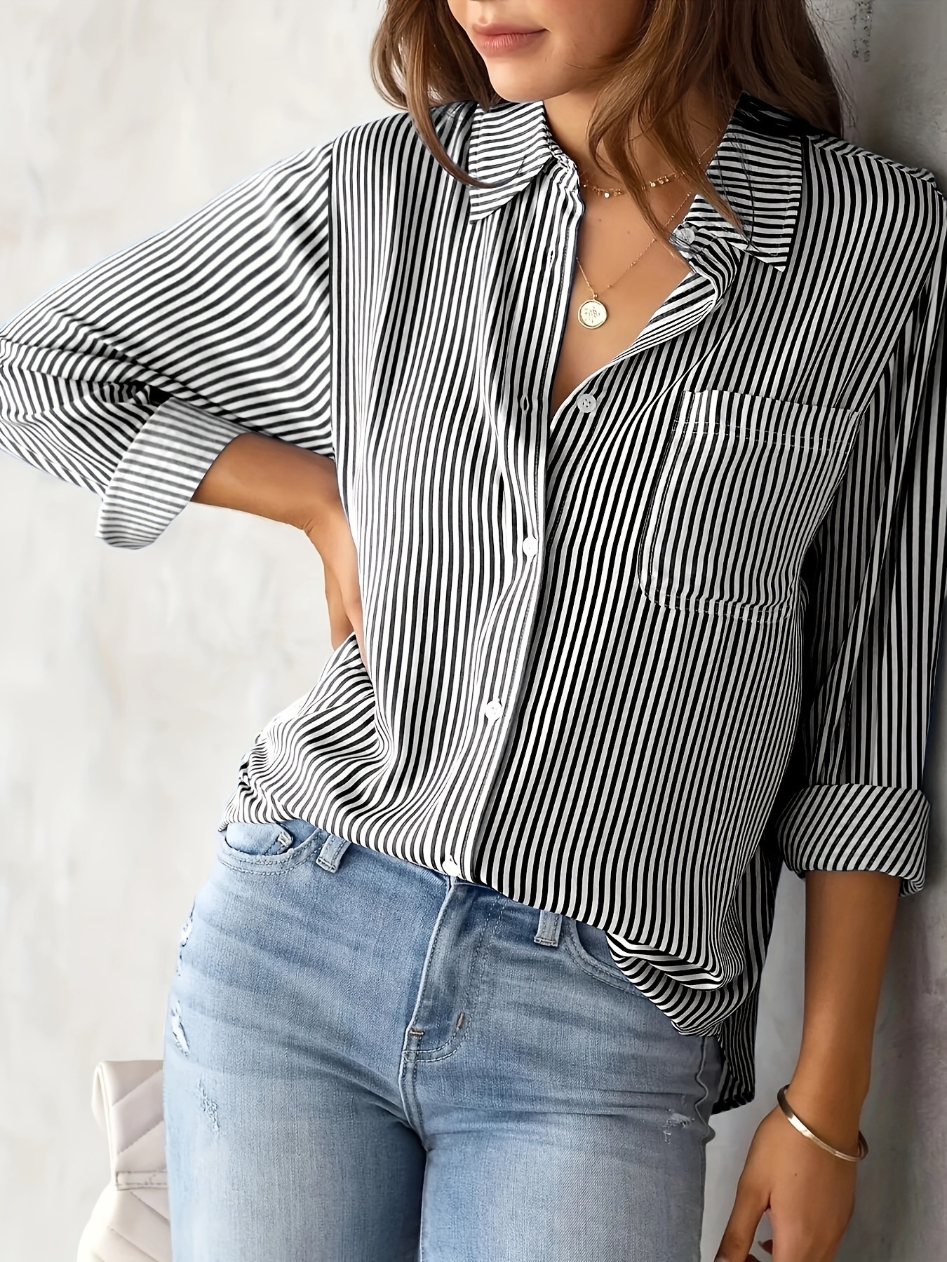 Loose-fit casual long-sleeve striped shirt
