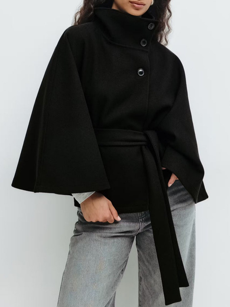 Solid color cape with stand collar, button and belt trench coat
