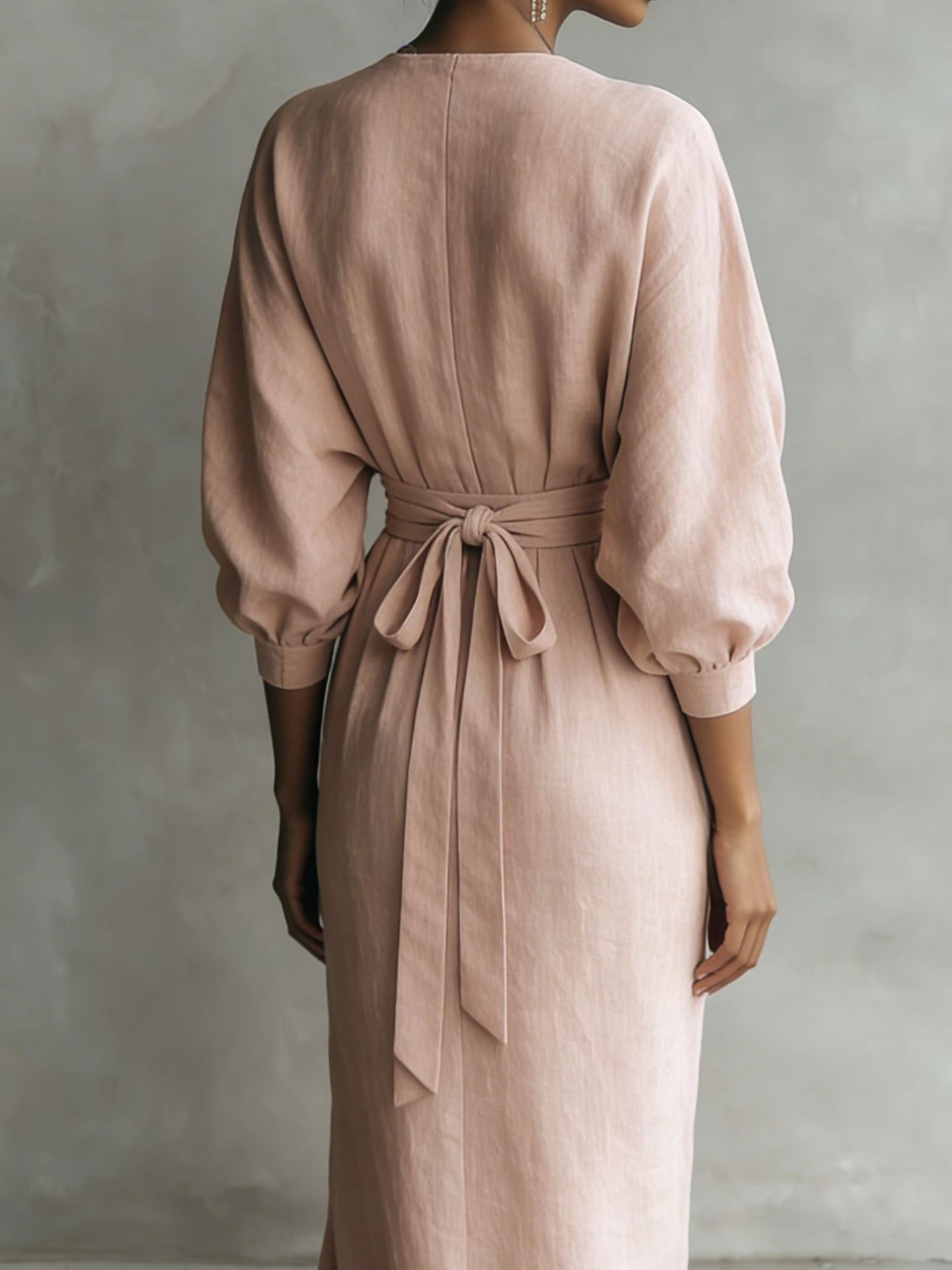 V-neck long dress with side slit, cinched waist, and pockets – vacation style