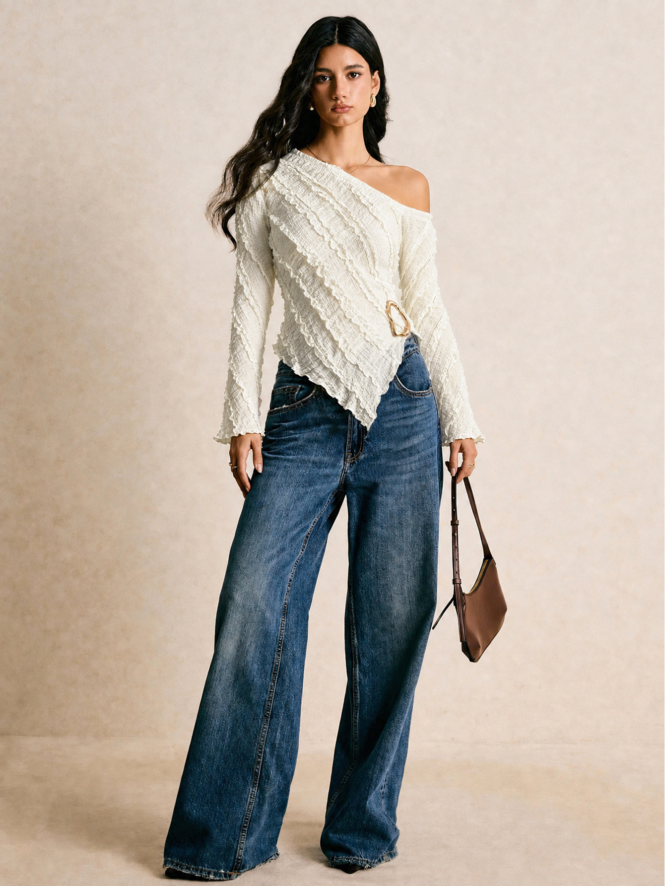 French textured one-shoulder long-sleeve top with asymmetrical hem