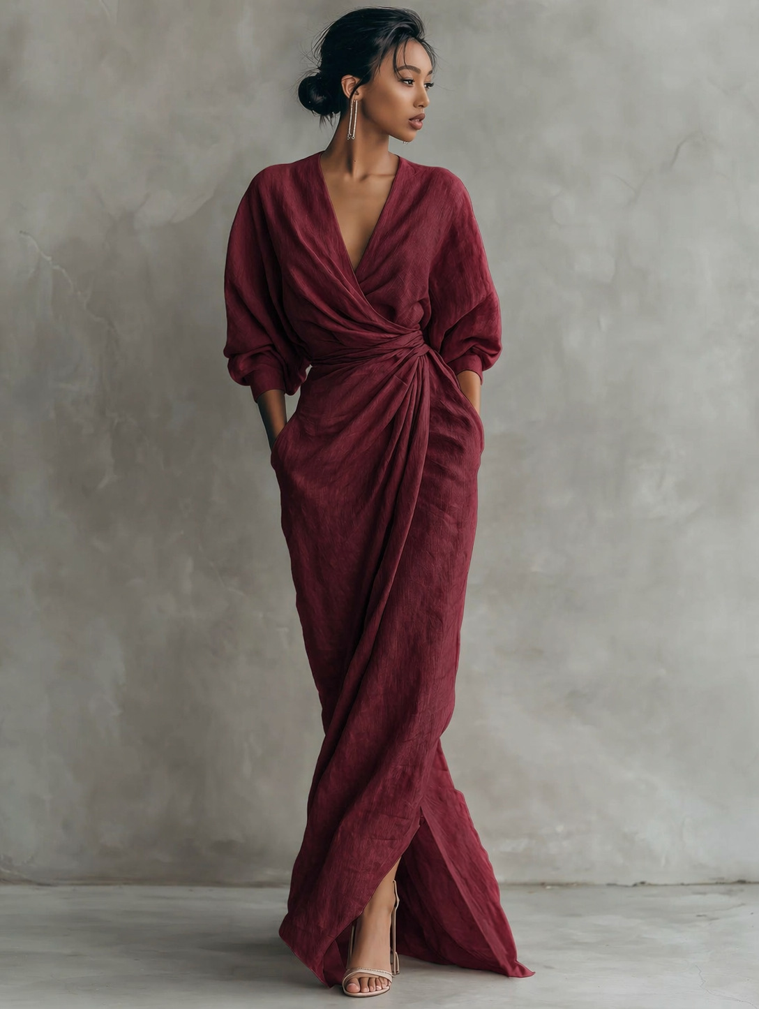 V-neck long dress with side slit, cinched waist, and pockets – vacation style