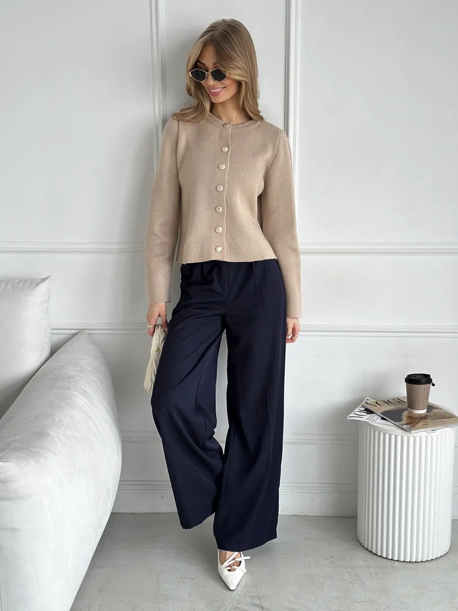 British Style Single-Breasted Round Neck Long Sleeve Knit Short Jacket