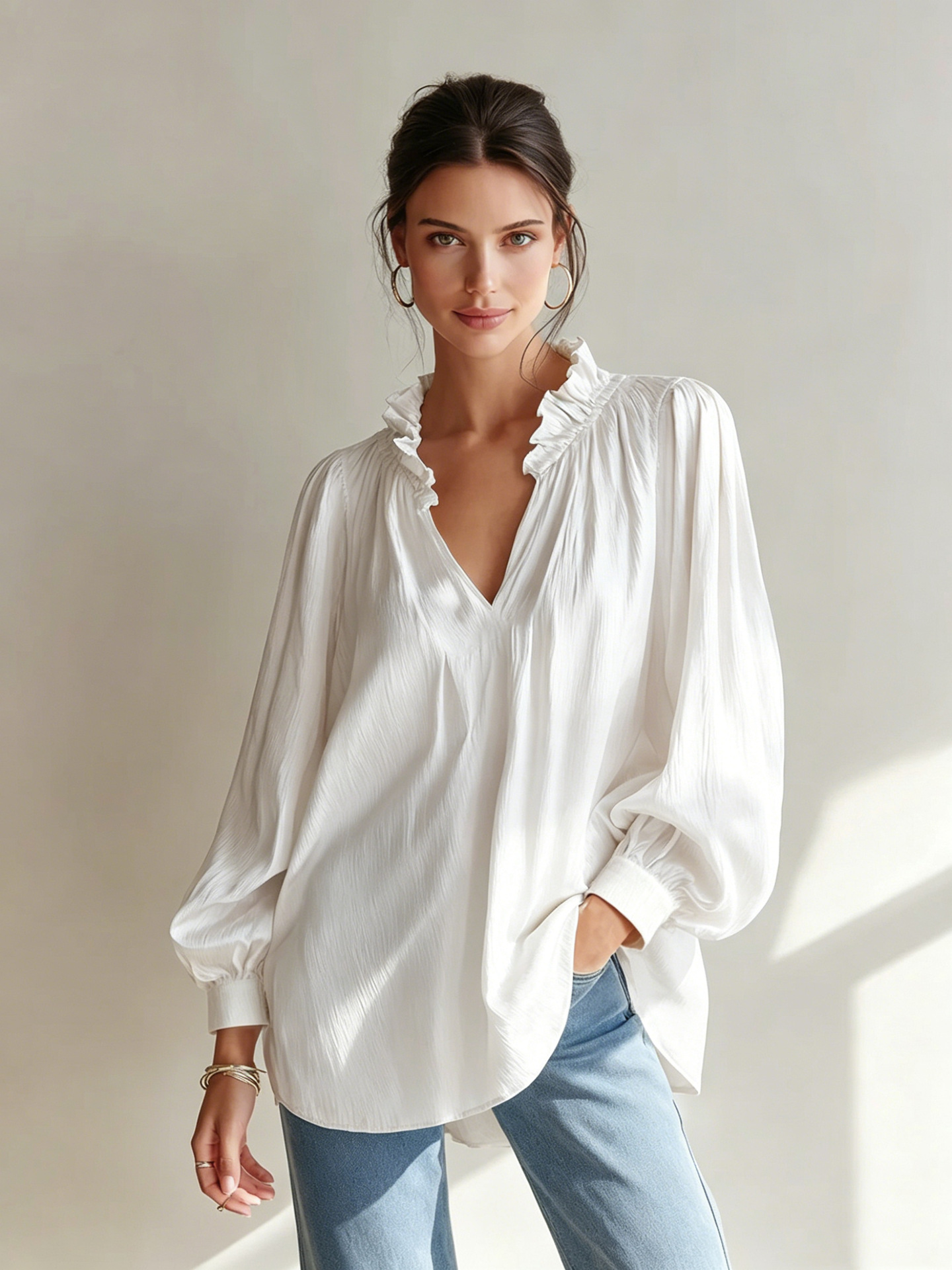 V-neck ruffle long-sleeve loose relaxed blouse