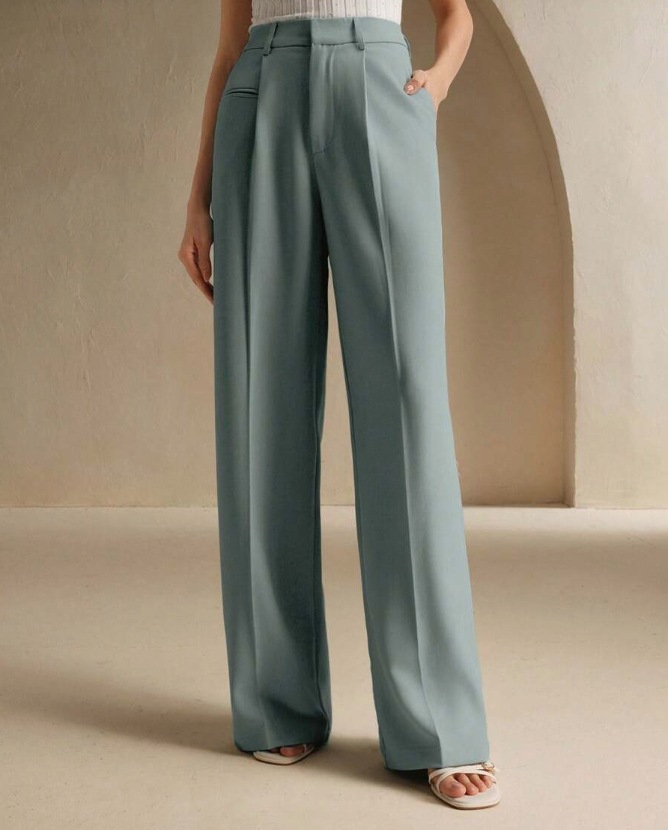 White high-waist straight-leg floor-length drape suit trousers for office commuter