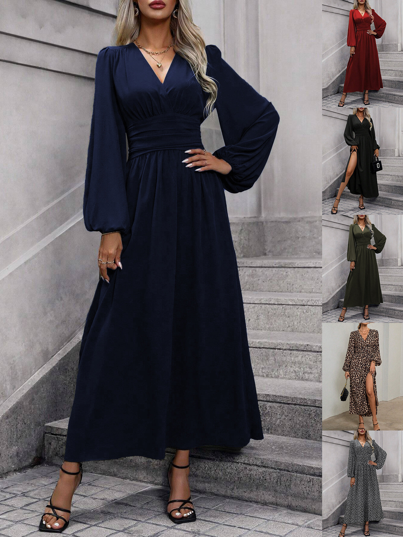 Lantern Sleeve Smocked High Slit Dress