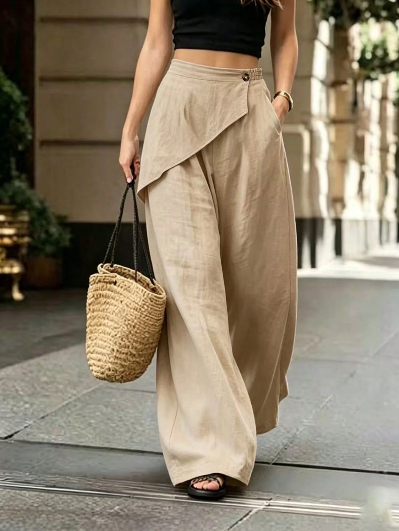 Asymmetric loose-fit solid-color casual wide-leg pants