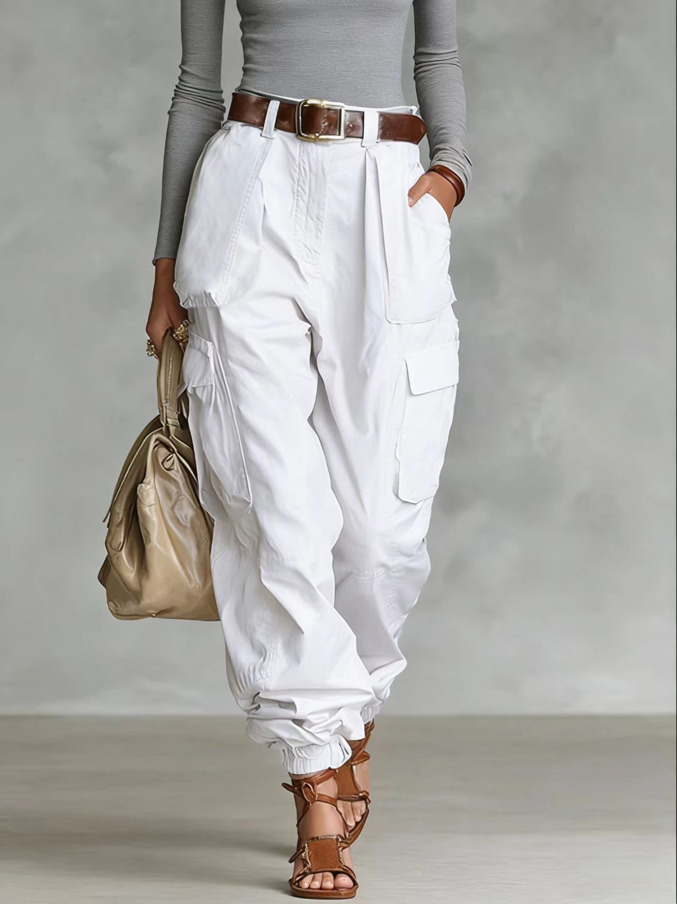 High-waisted loose wide-leg cargo pants