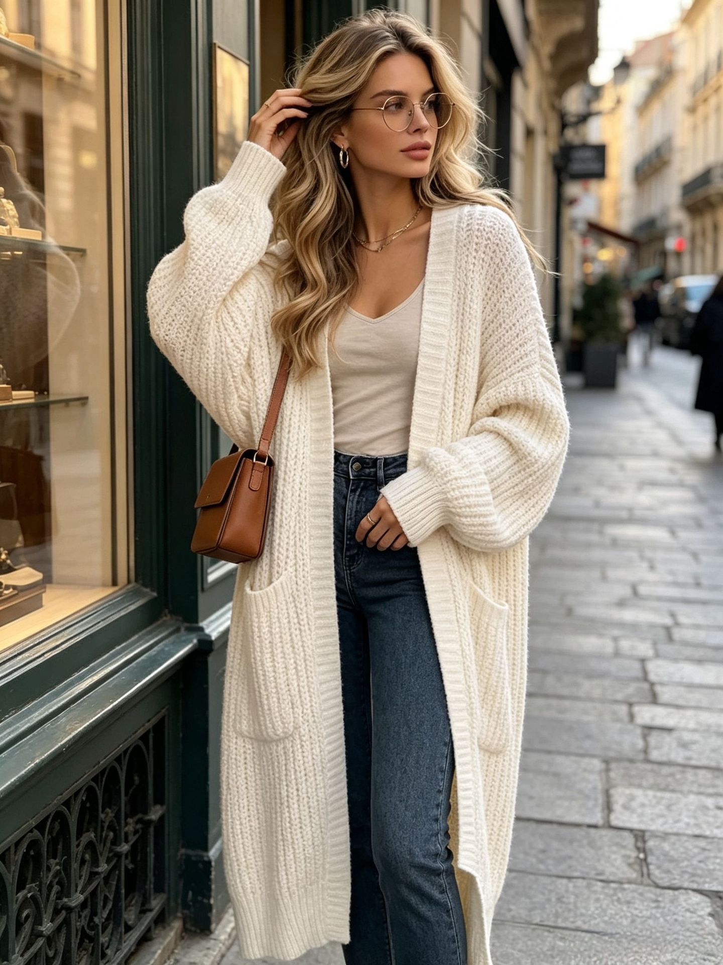 Thick cozy knee-length long-sleeve knit cardigan