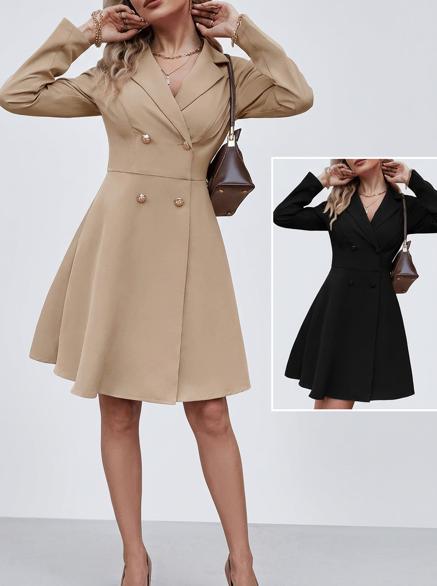 Solid Color Double-Breasted Slim-Fit Long-Sleeve Trench Coat
