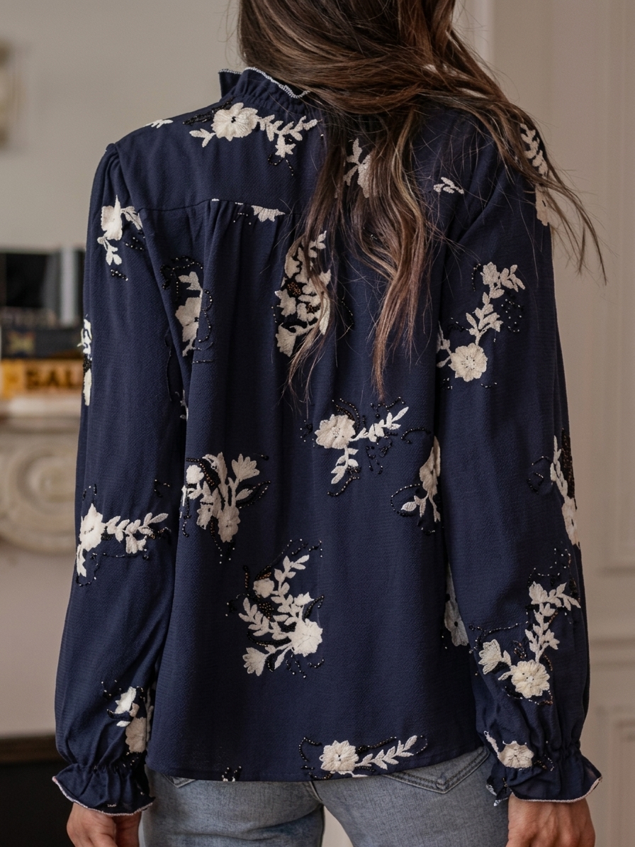 Embroidered chiffon long-sleeve blouse