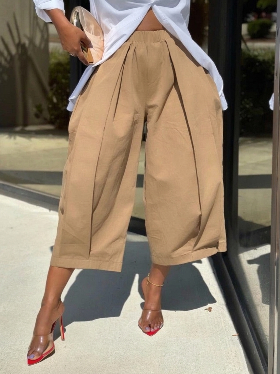 Solid color loose comfortable casual elastic waist slimming 7/8 wide leg pants